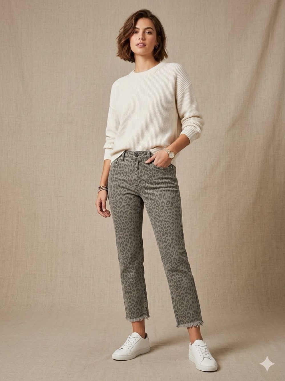 Leopard Print Cropped Jeans in Olive